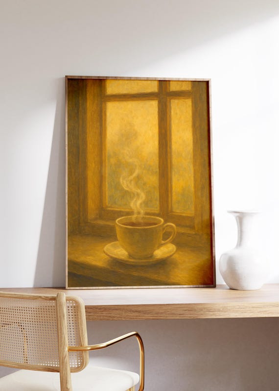 Tea Moment Wall Art Print Steaming Cup On Windowsill In Golden Light Cozy Morning Scene Minimal Warm Decor Quiet Comfort Kitchen Poster