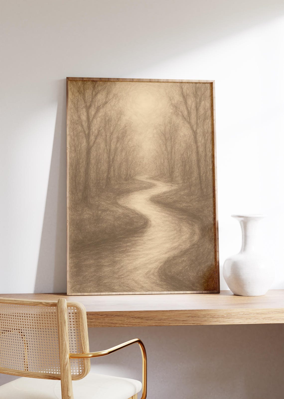 Winding River through Sepia Forest in Calm Sketch Style Poster