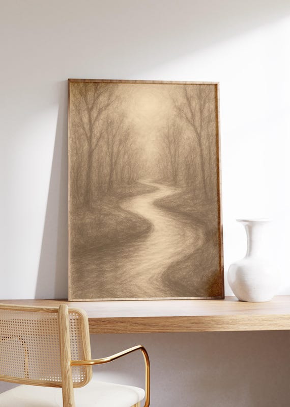 Winding River Wall Art Print Sepia Drawing Calm Stream Ghostly Trees Moody Woods Reflective Path Nature Sketch Soft Forest Light