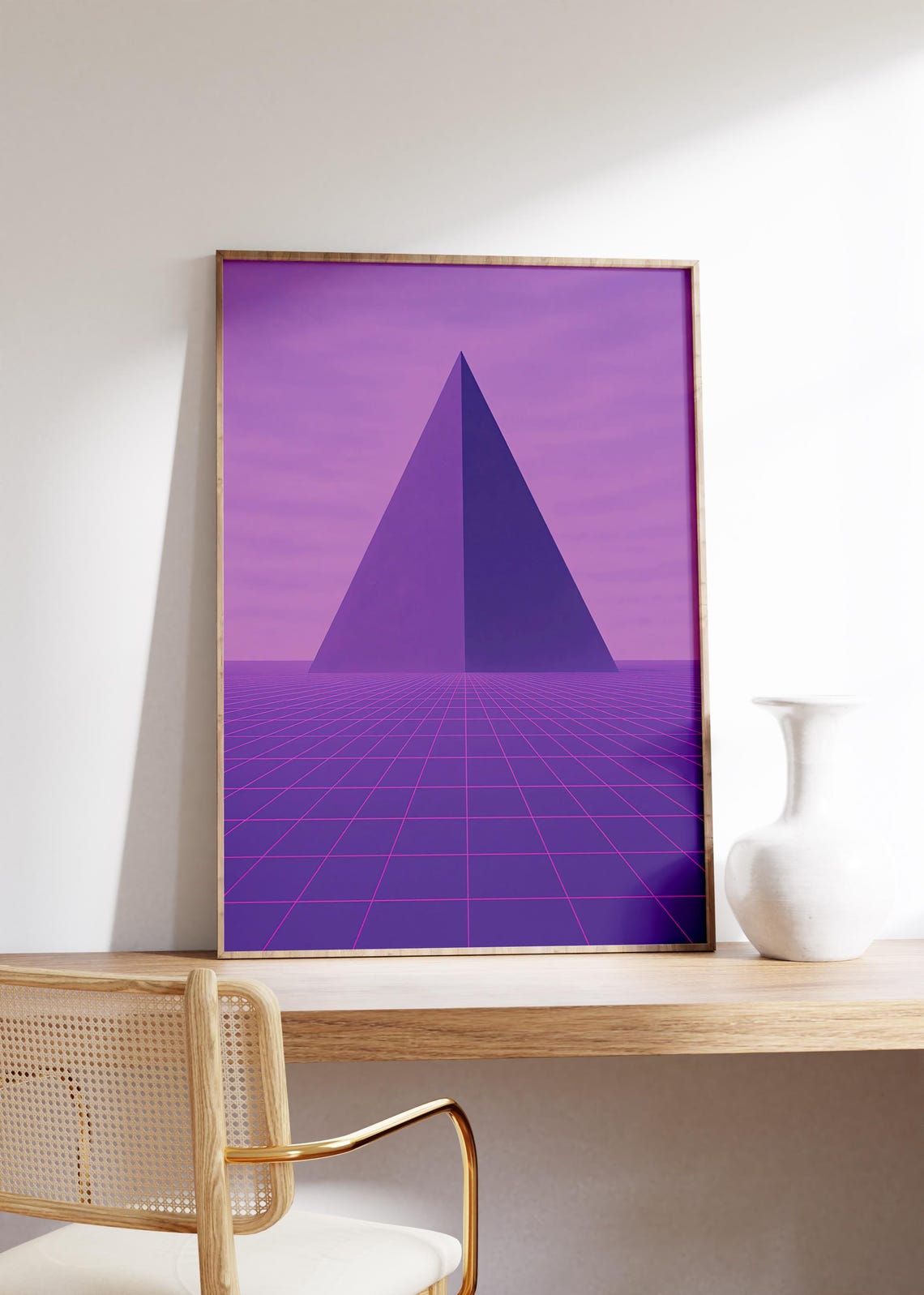 Retro Purple Pyramid Synthwave Neon Grid Geometric Art Poster
