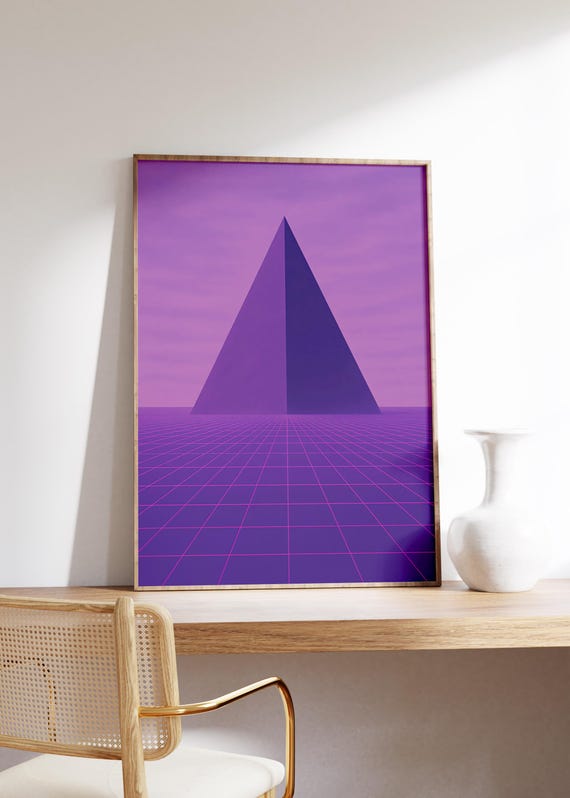 Violet Pyramid Grid Wall Art Print Towering Triangle Endless Horizon Retro Synth Tones Vaporwave Minimalism Surreal Geometry