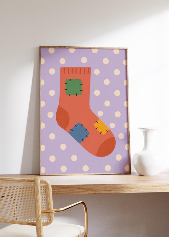 Patched Red Sock Stitched Color Patches Lavender Polka Dot Poster