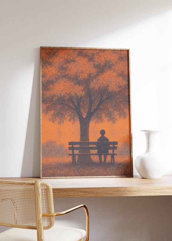 Solitude Wall Art Print Warm Dot Pattern Moody Orange Tones Tree Silhouette Introspective Feel Meditative Vibe Quiet Moment Decor