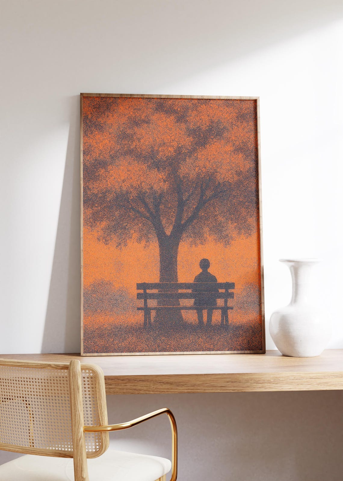 Solitude Figure on Bench under Tree Orange Dot Pattern Poster