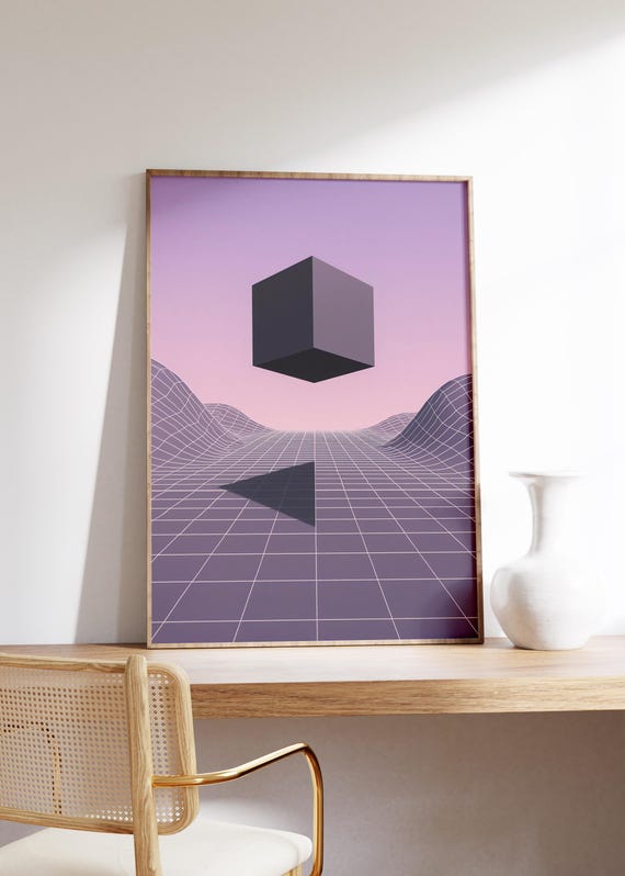 Floating Cube Valley Wall Art Print Soft Violet Sky Endless Grid Terrain Surreal Geometry Synthwave Minimalism Dream Void