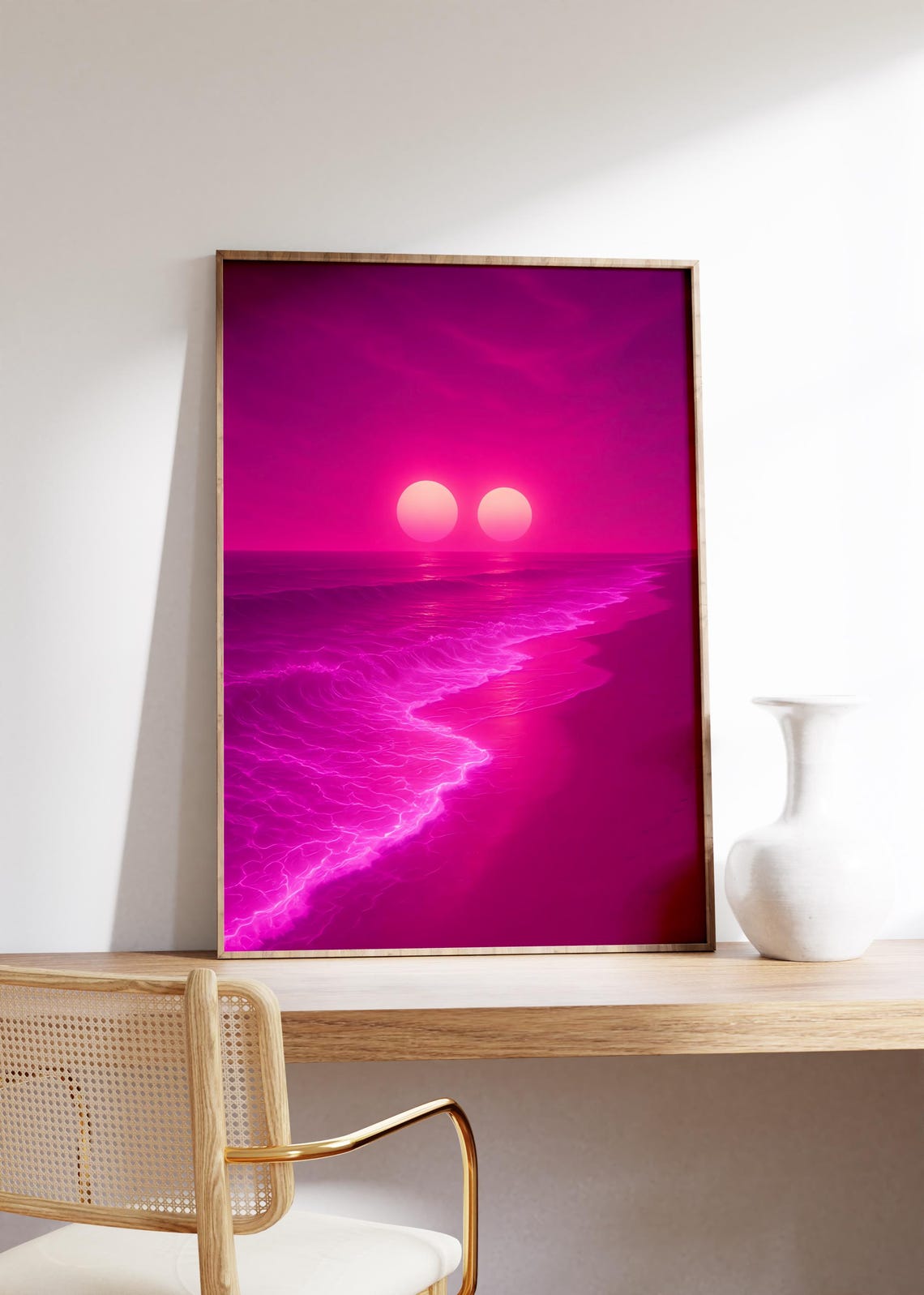 Twin Magenta Suns Over Neon Glowing Ocean Waves Vaporwave Poster