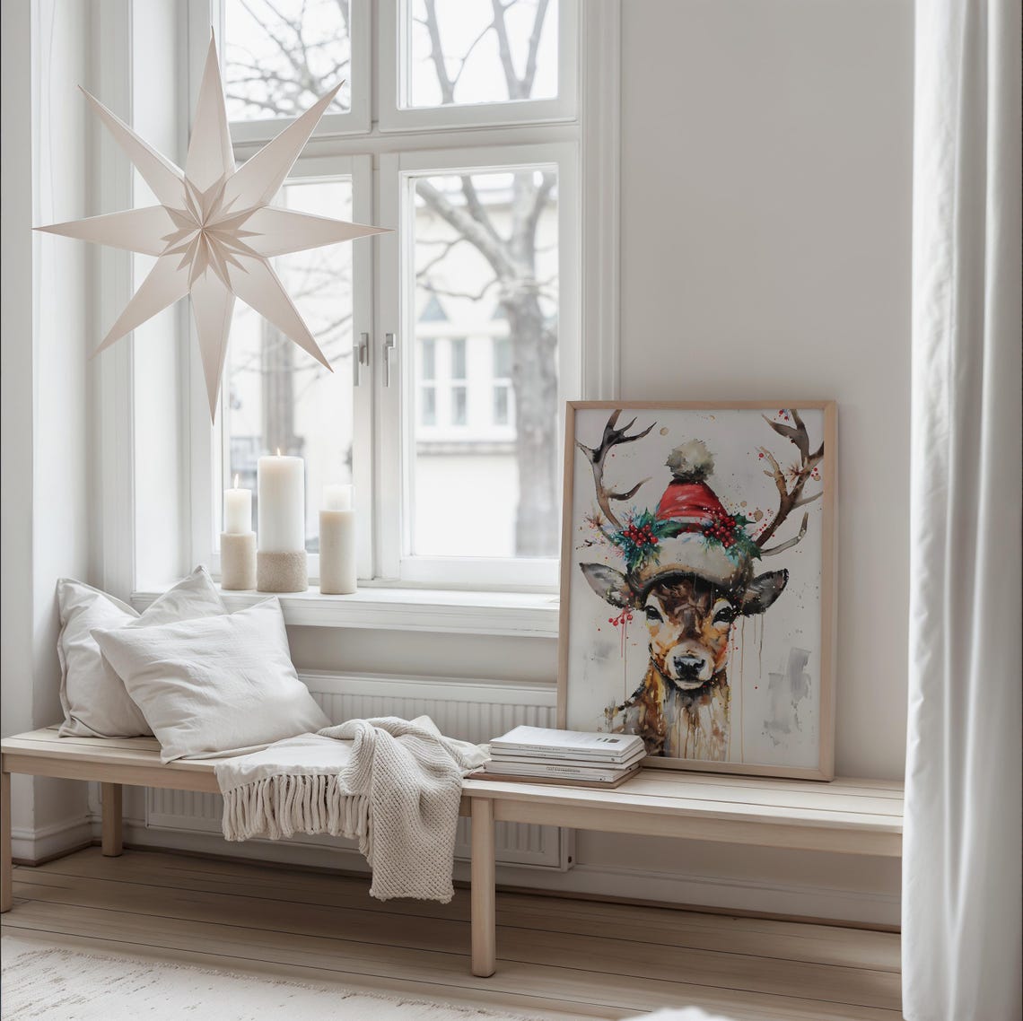 Reindeer In Santa Hat Watercolor Festive Deer Christmas Art Poster - Image 4