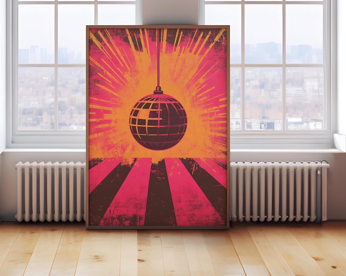 Vintage Disco Ball Hanging Sunburst Orange Pink Pop Art Poster