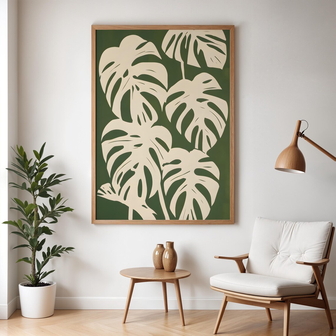 Large Cream Monstera Leaves On A Sage Green Botanical Art Print - Image 5