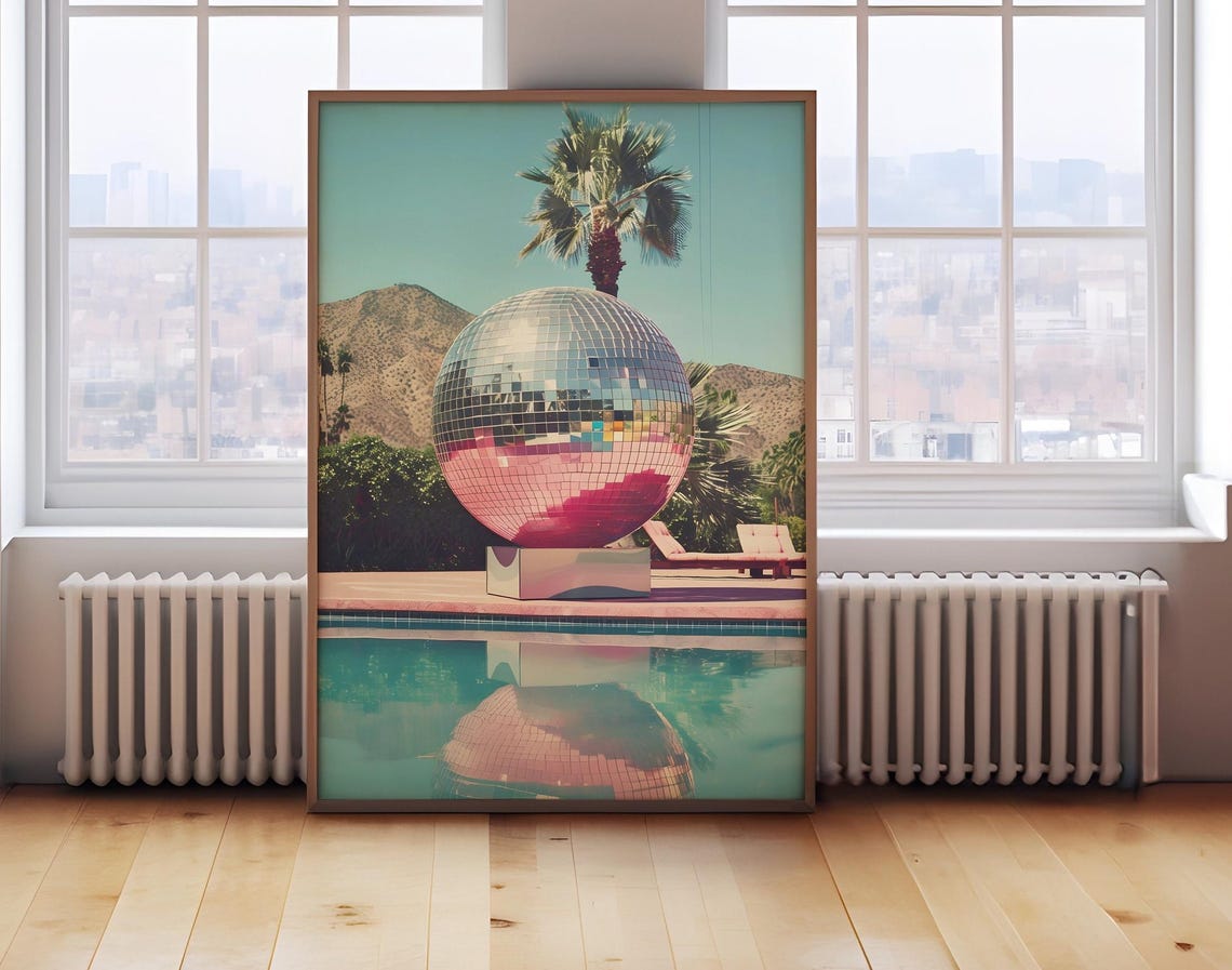 A Giant Disco Ball By A Palm Tree Pool On A Sunny Day Poster