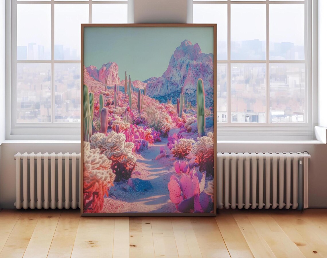 Retro Pink Desert Landscape Vintage Cactus Poster