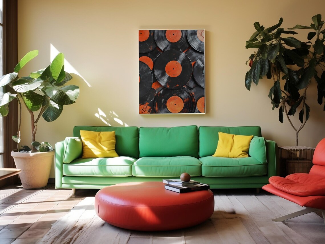 Pile Of Vinyl Records With Orange Labels Grunge Music Poster - Image 5