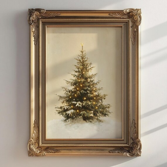 Vintage Christmas Pine Tree Snow Glowing Lights Minimalist Poster