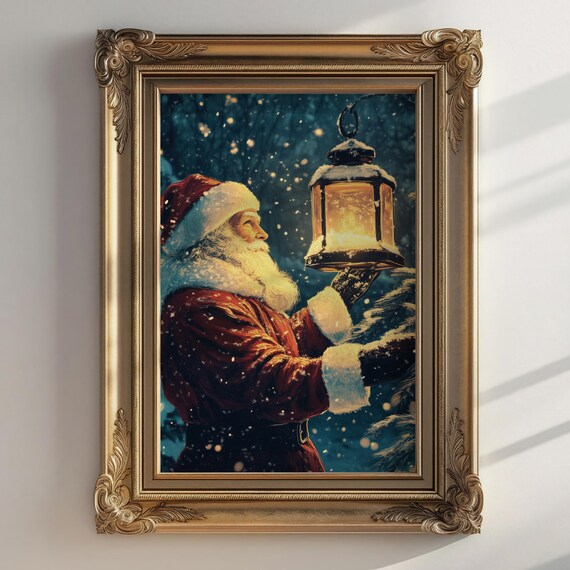 Santa Claus With Lantern Snowy Night Vintage Christmas Art Poster