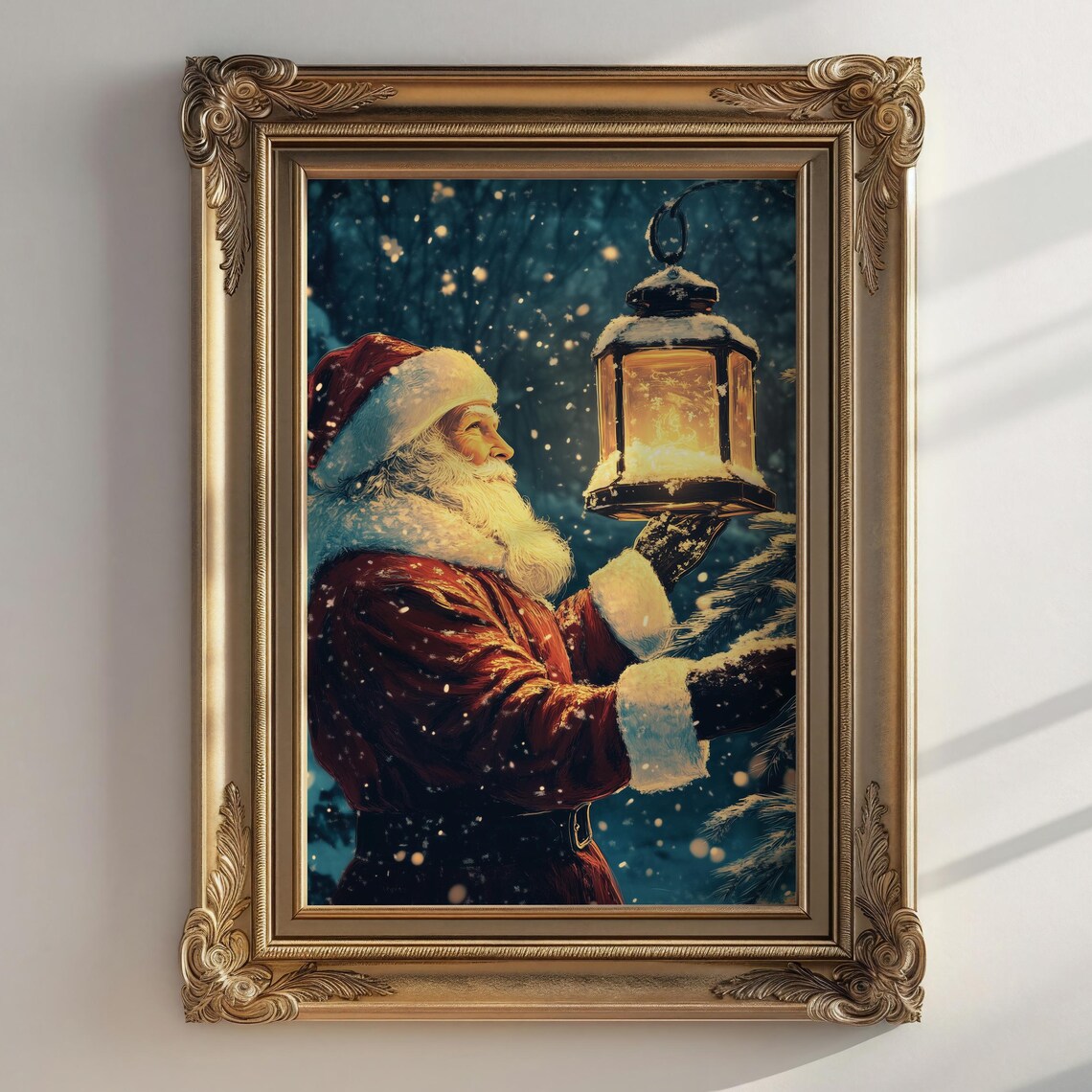 Santa Claus With Lantern Snowy Night Vintage Christmas Art Poster