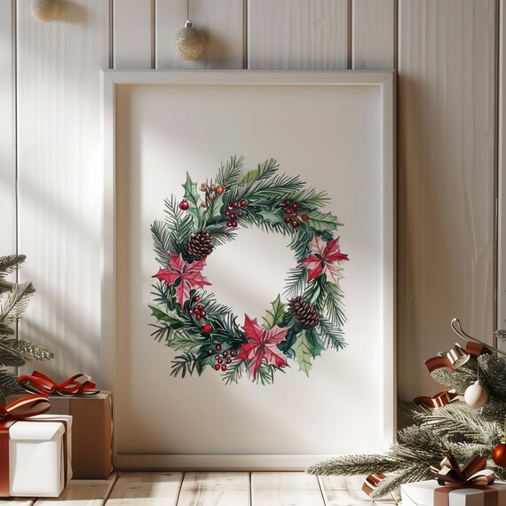 Watercolor Christmas Wreath Holly Pinecones Vintage Holiday Wall Art