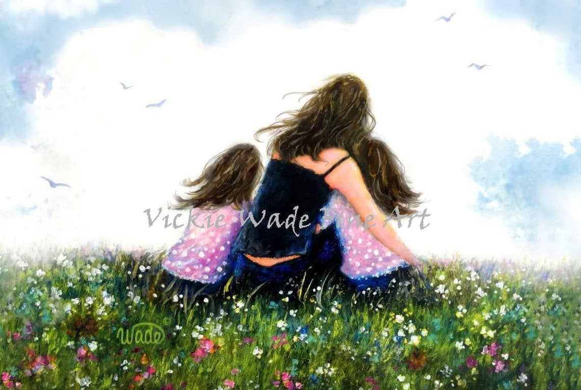 Mother Hugging Her Two Daughters In A Meadow Of Flowers Poster