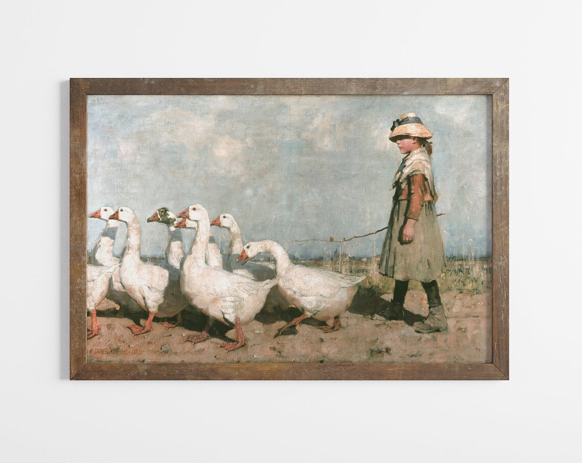 Vintage Girl Herding White Geese Across Country Farm Art Poster