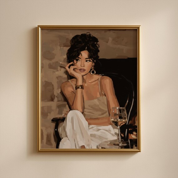 Moody Elegant Woman Wine Glass Dark Oil Painting Portrait Wall Art