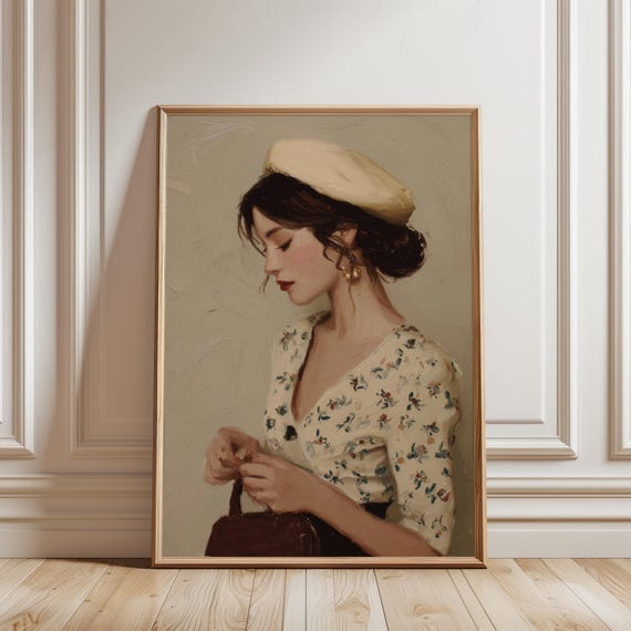 Vintage Parisian Woman Art Feminine Portrait French Girl Romantic Retro Illustration