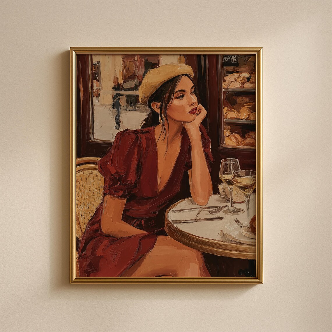 Woman In Beige Beret At Wine Cafe Parisian Oil Painting Poster