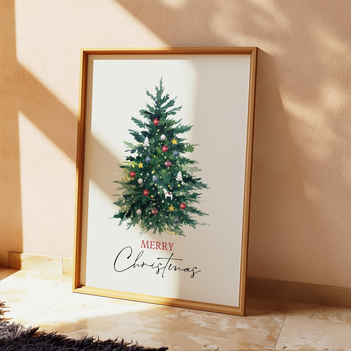 Merry Christmas Watercolor Tree Red Gold Ornaments Holiday Wall Art - Image 2