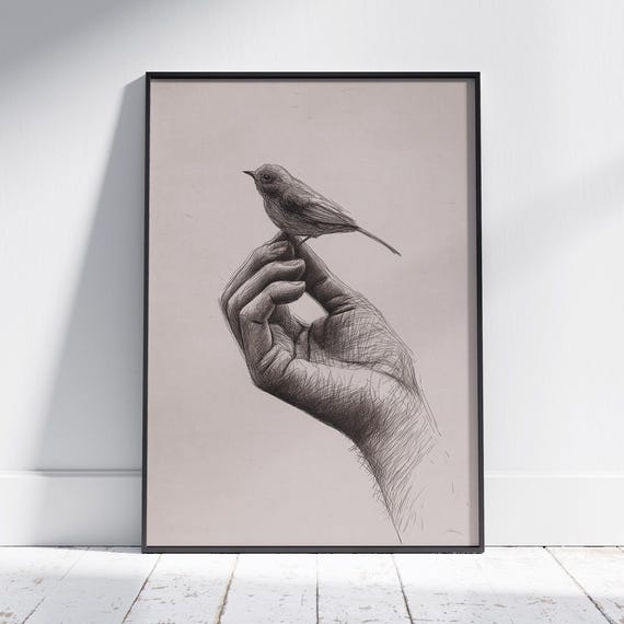 Minimalist Bird On Hand Art Print Gentle Nature Wall Decor Modern Sketch Illustration Peaceful Artwork