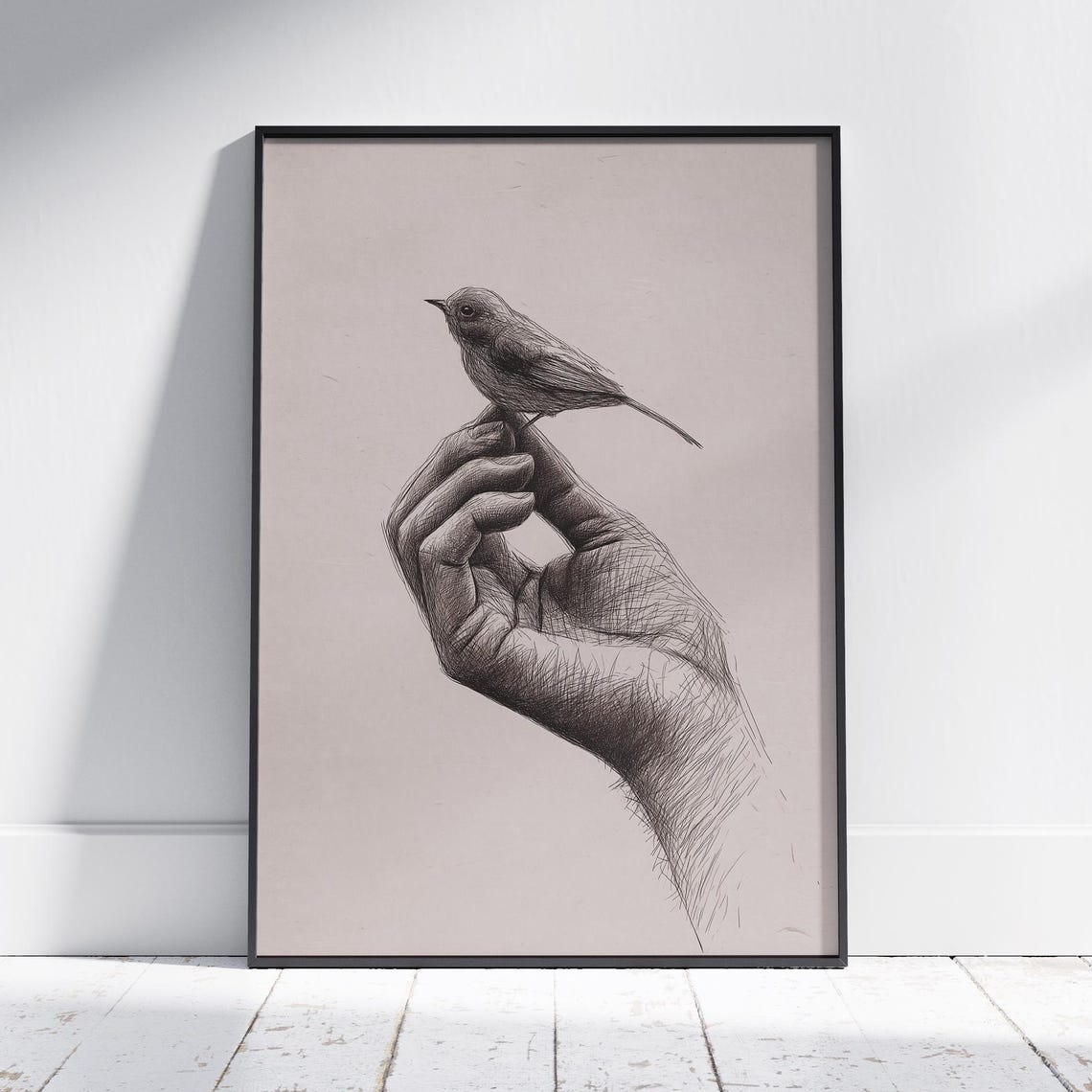 Minimalist Bird On Hand Art Print Gentle Nature Wall Decor Modern Sketch Illustration Peaceful Artwork