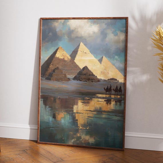Giza Pyramids Art Print Egypt Desert Landscape Painting Ancient Wonders Wall Camel Caravan Travel Decor