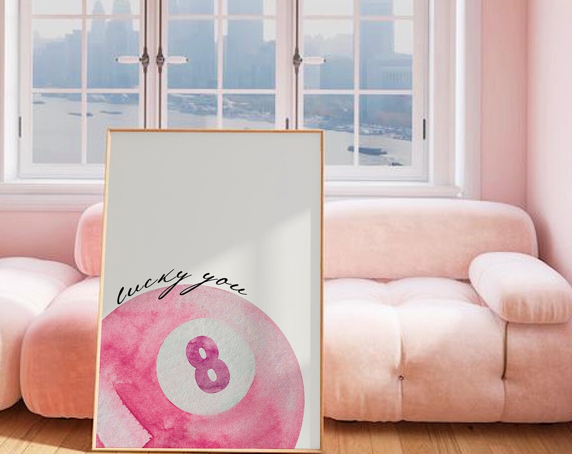 Lucky You Pink Watercolor Eight Ball Dorm Room Trendy Wall Art - Image 4