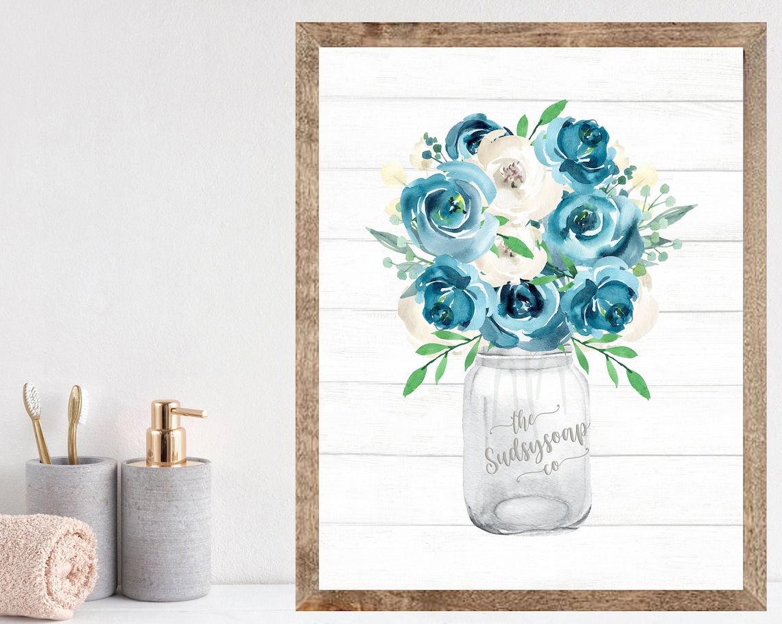 Teal Rose Bouquet In Mason Jar Sudsy Soap Co Floral Wall Art