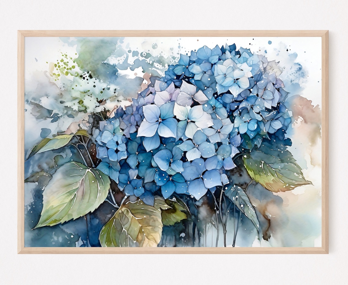 Blue Hydrangea Watercolor Art Print, Botanical Decor