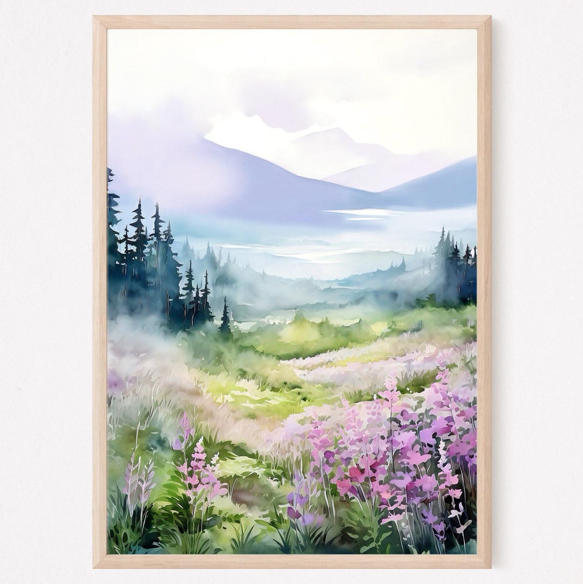Pink Wildflower Valley Blooming Mountain Meadow Watercolor Poster