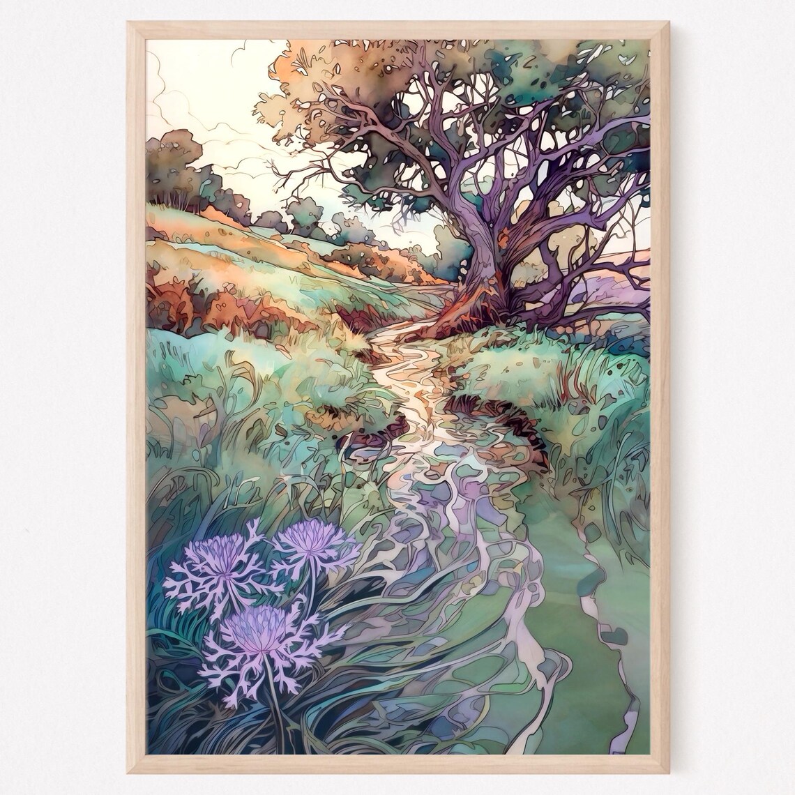 Hillside Stream with Purple Blooms Watercolor Landscape Poster