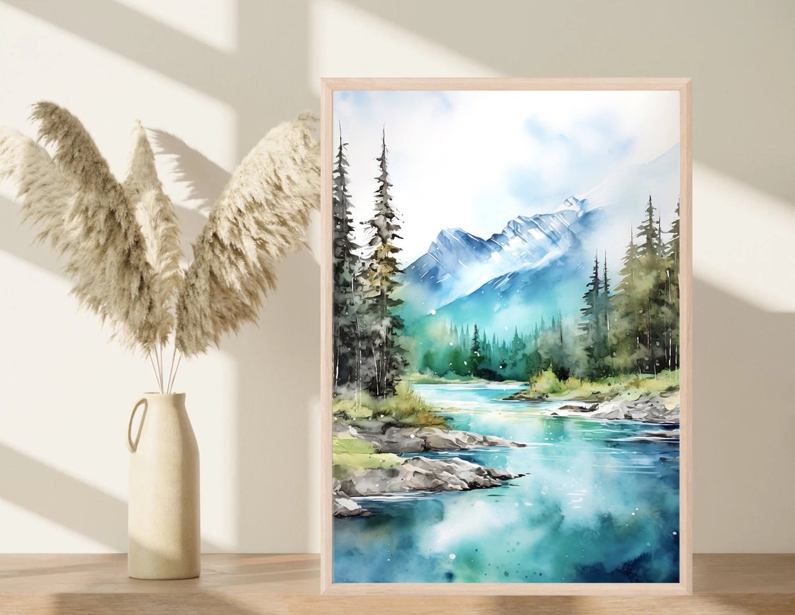 Turquoise Alpine Lake Pine Trees Snowy Peak Watercolor Poster - Image 2