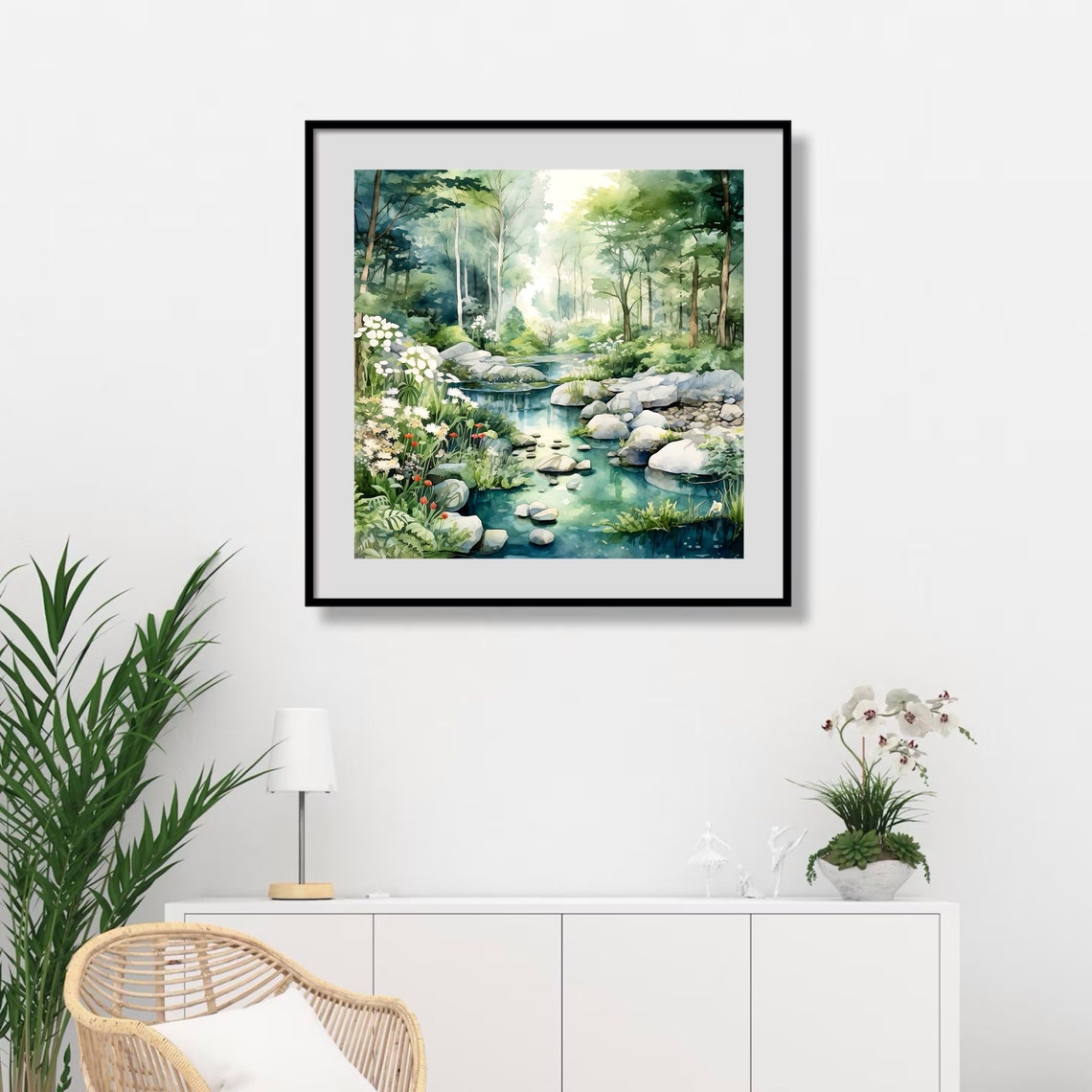 Forest Stream With Rocks White Flowers Green Watercolor Poster - Image 3
