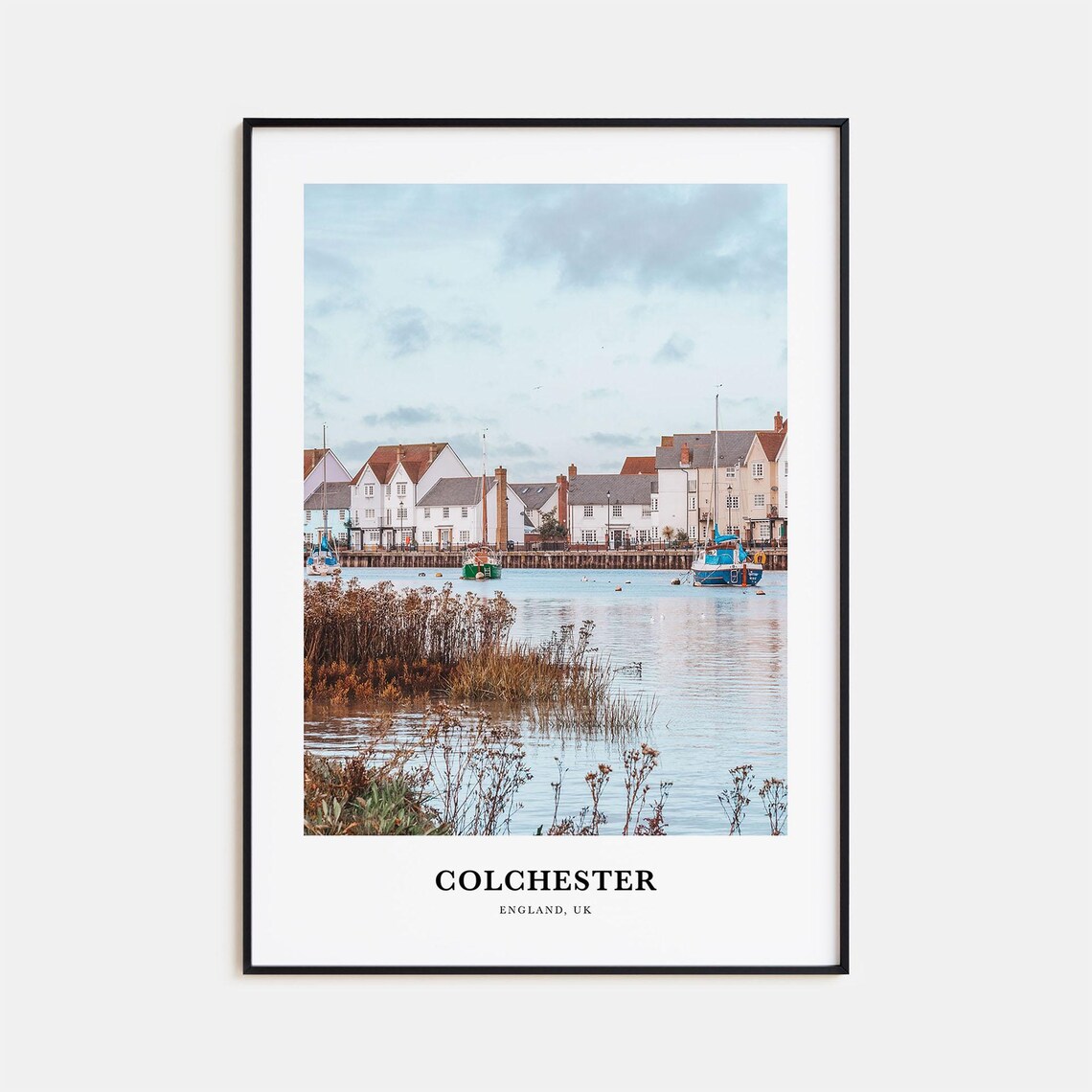 Colchester England Waterfront With Boats and Marsh Grass Travel Poster