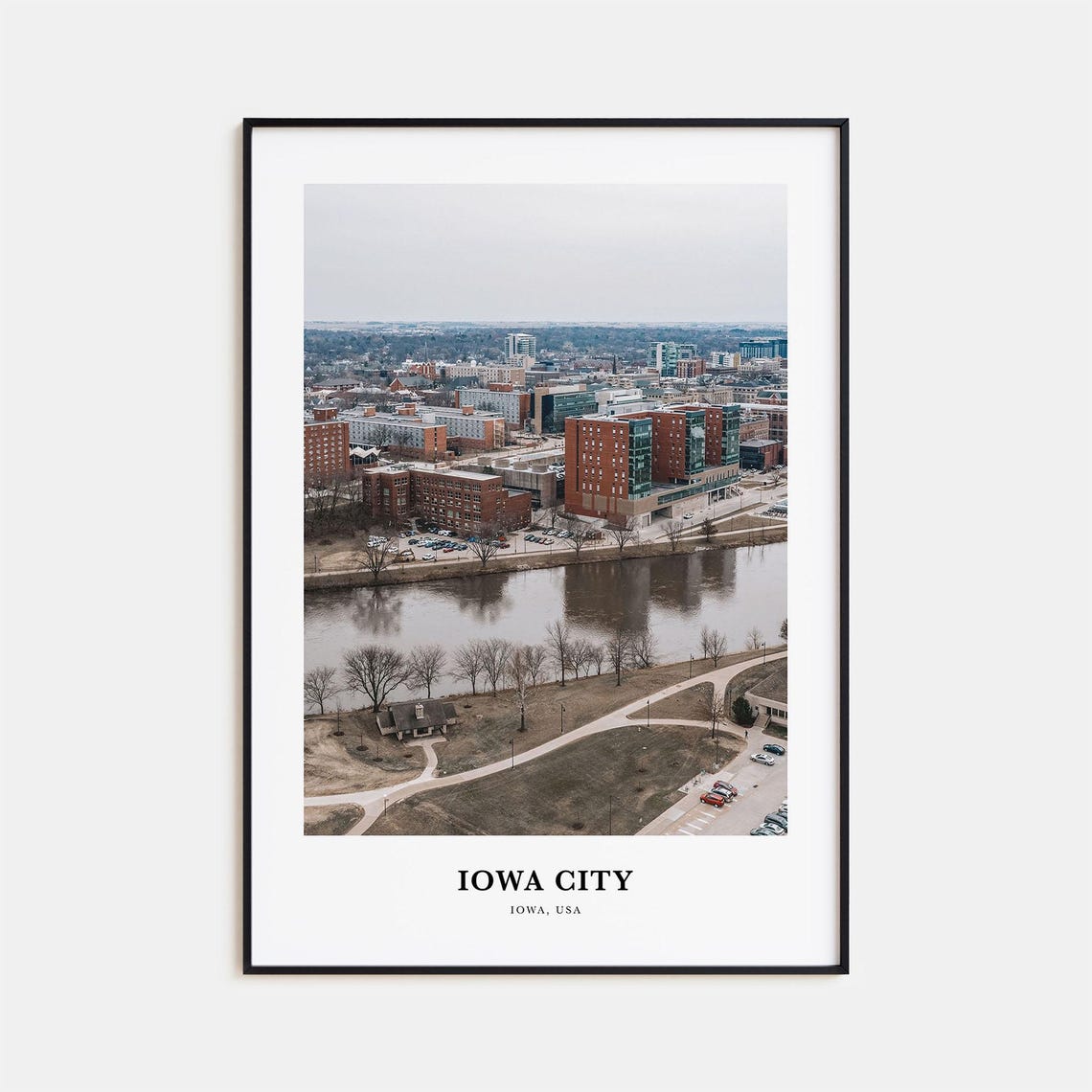 Iowa City Iowa Downtown River Aerial View Minimalist Travel Poster