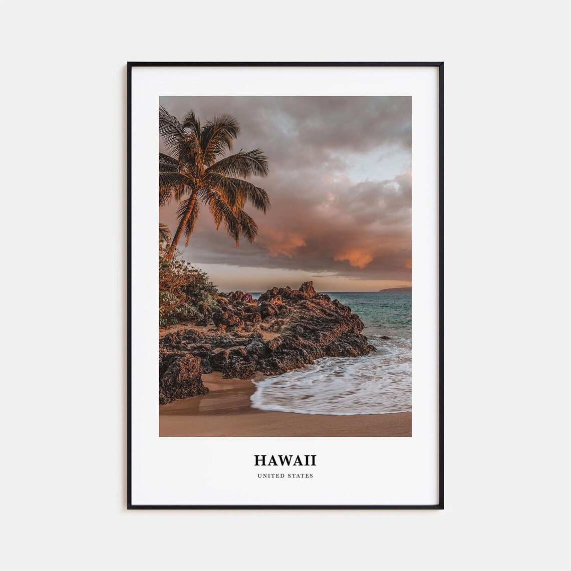 Hawaii Palm Tree Rocky Beach Sunset Ocean Photography Travel Poster