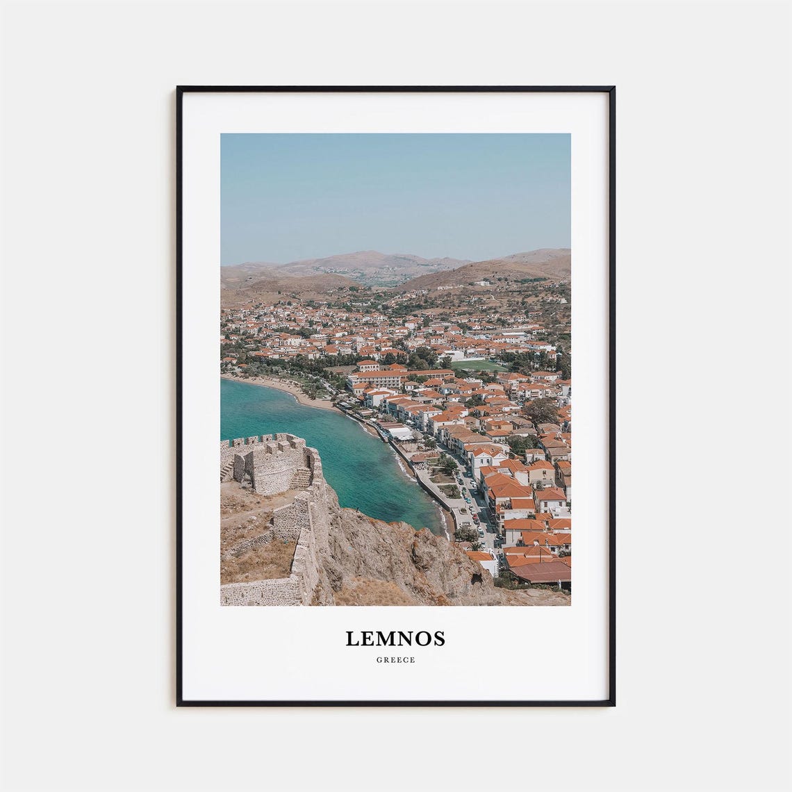 Lemnos Greece Coastal Castle Town Turquoise Bay Travel Poster