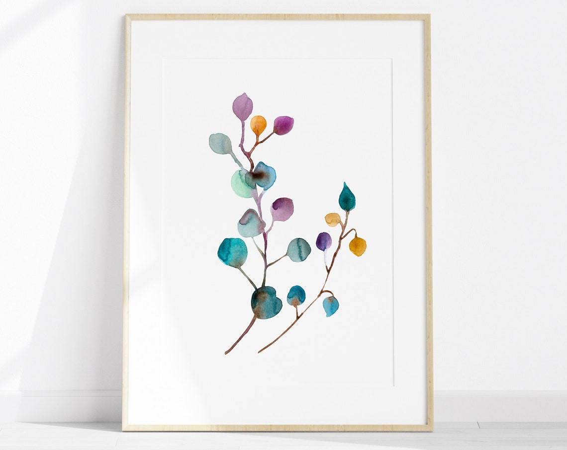 Abstract Botanical Watercolor Branch Teal Purple Scandi Poster
