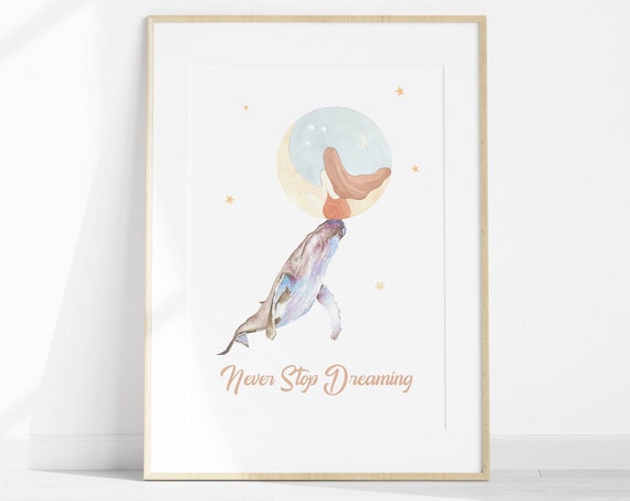 Whale And Girl Watercolor Print Nautical Girl Nursery Sea Wall Decor Whale And Moon Artwork Never Stop Dreaming Fantasy Illustration