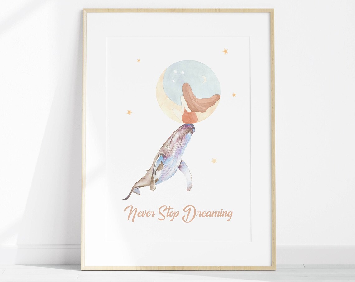 Never Stop Dreaming Whale Moon Watercolor Nursery Art Poster