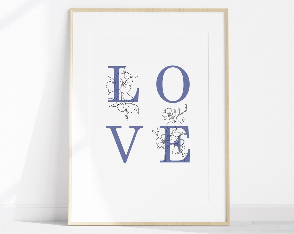 Love Word Floral Botanical Typography Minimalist Blue Art Poster