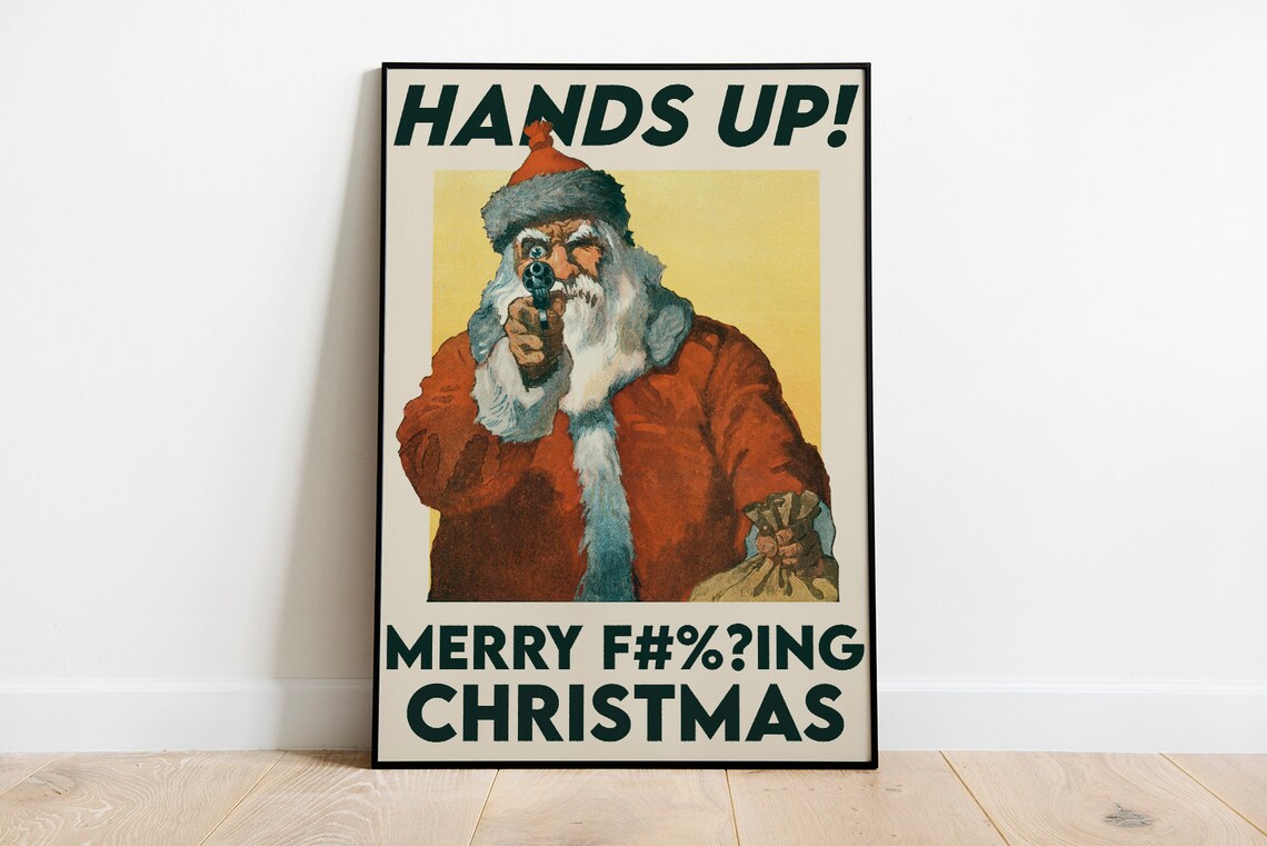 Santa With Gun Hands Up Funny Merry Christmas Holiday Poster - Image 4