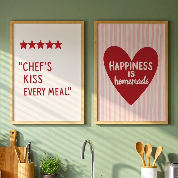 Kitchen Wall Decor Set Chefs Kiss Every Meal Happiness Homemade Heart Poster