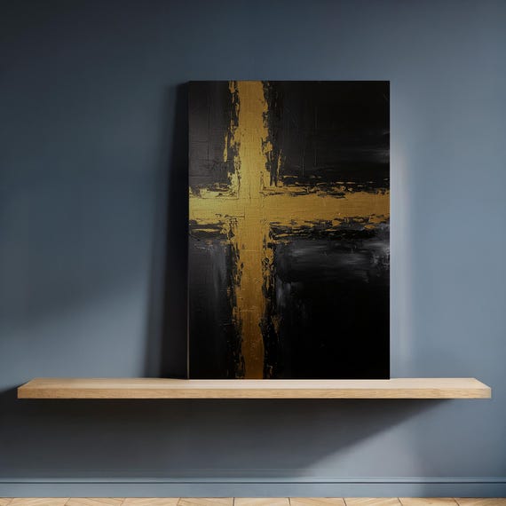 Gold Cross Abstract Canvas Art Textured Black And Metallic Painting Framed Luxury Minimalist Print For Modern Glam Or Office Wall Decor