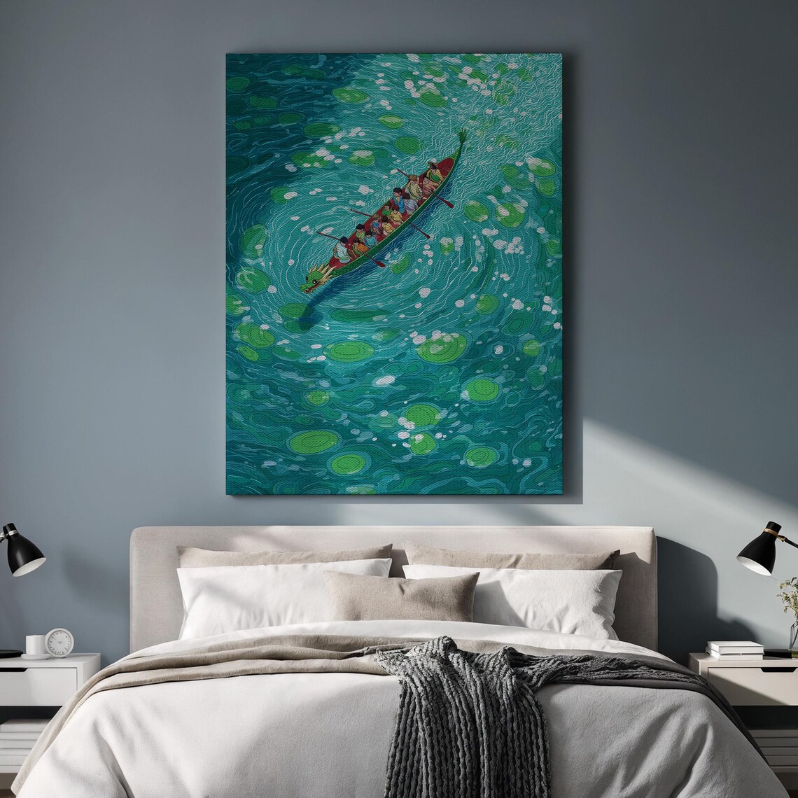 Dragon Boat Team Gliding Across Teal Lotus Pond Aerial Print