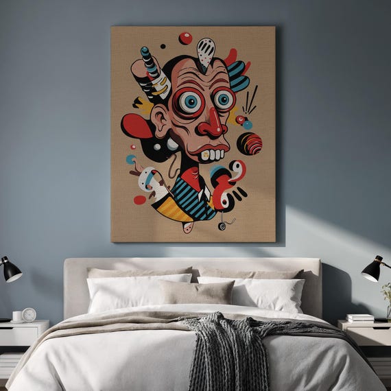 Colorful Abstract Cubist Portrait Canvas Wall Art Quirky Figurative Painting With Bold Shapes And Stripes Framed Gift For Playful Dec