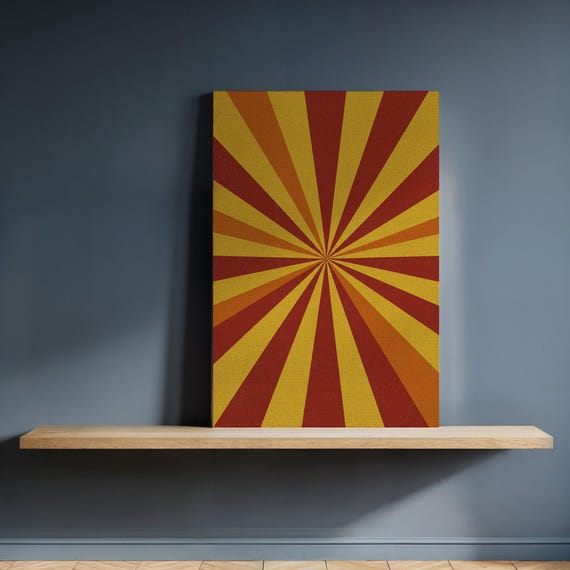 Retro Sunburst Canvas Wall Art Framed Abstract Orange Yellow Geometric Rays Print Bold Mid Century Modern Style For Kitchen Or Living Room
